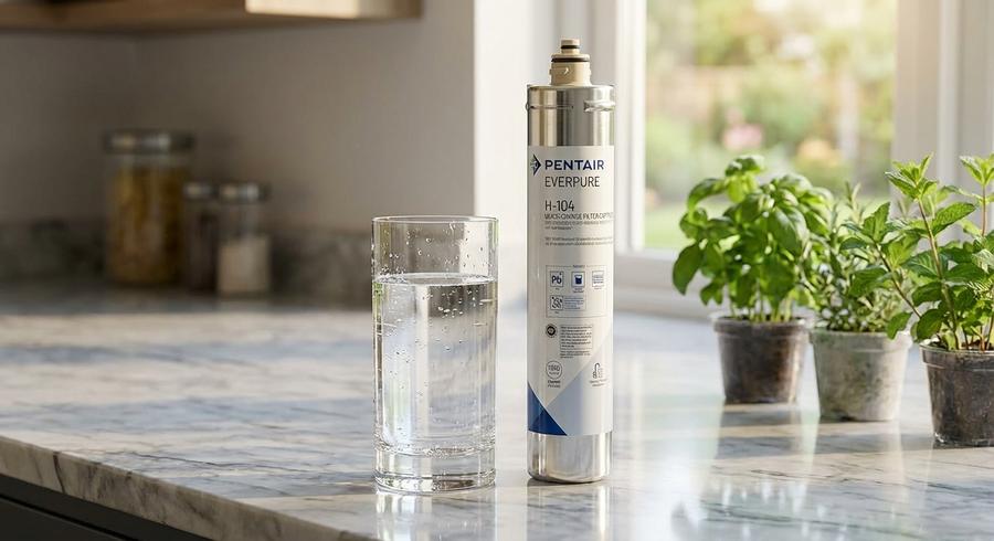 Everpure H-104 with glass of water